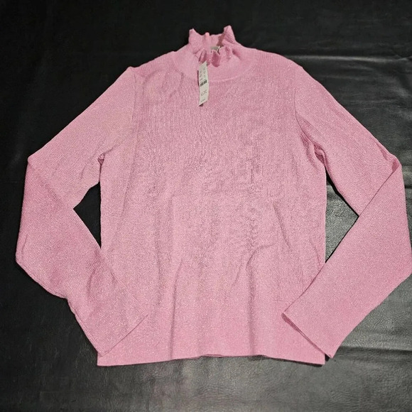 NWT J Crew Womens Pink Metallic‎ Merino Wool Ruffleneck Pullover Sweater Medium - Picture 1 of 5